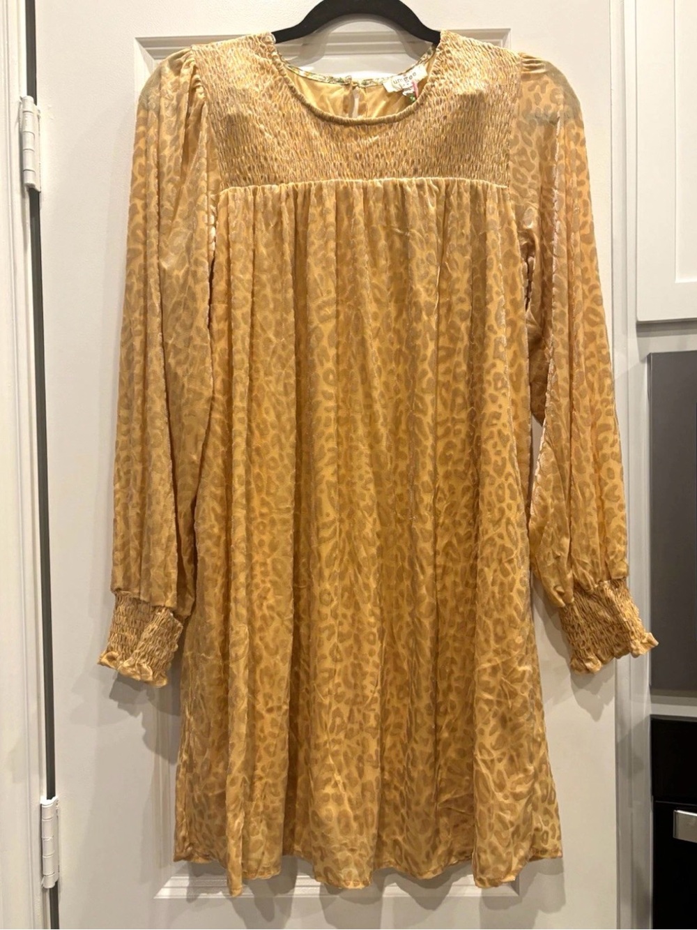 Umgee Mustard Leopard-Print Long Sleeve Smocked Yoke Dress